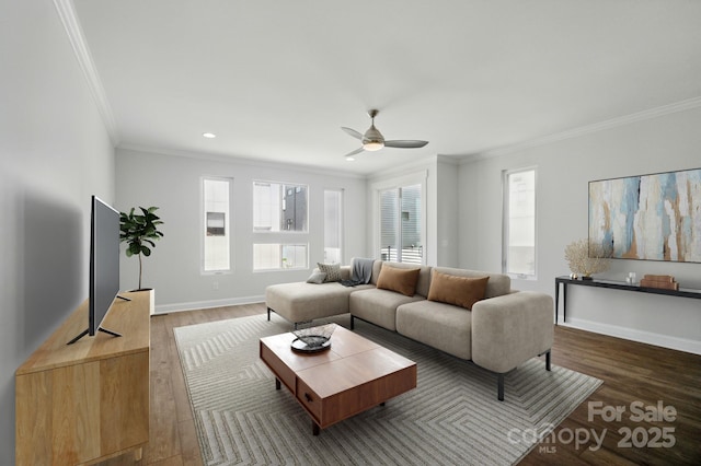 945 Westbrook Dr Unit A, Charlotte, NC 28202 - living room featuring a ceiling fan, wood finished floors, ornamental molding, and recessed lighting