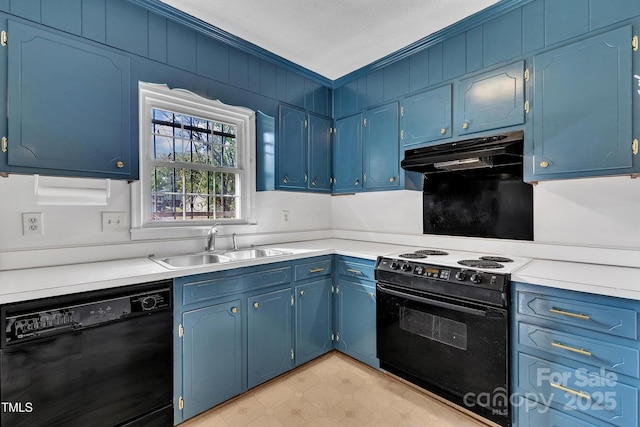 kitchen with under cabinet range hood, ornamental molding, a sink, black appliances, and light countertops