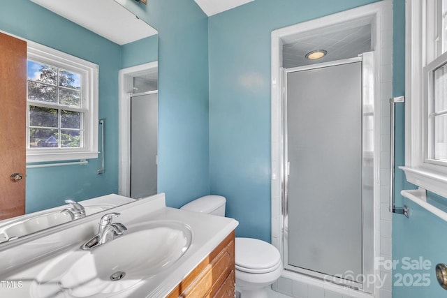 bathroom featuring vanity, toilet, and a shower stall