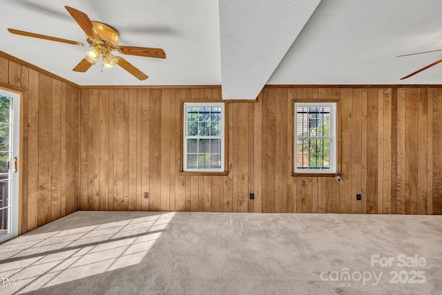 carpeted spare room featuring plenty of natural light, wood walls, and a ceiling fan