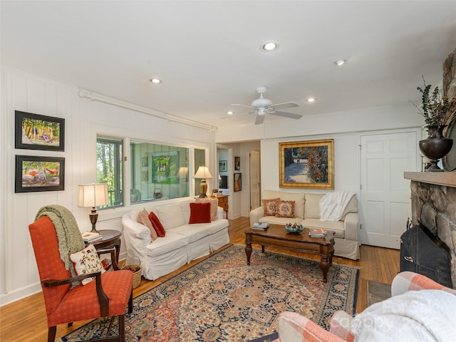 203 Lake Dr, Hendersonville, NC 28739 - living room with a fireplace, ceiling fan, recessed lighting, and wood finished floors