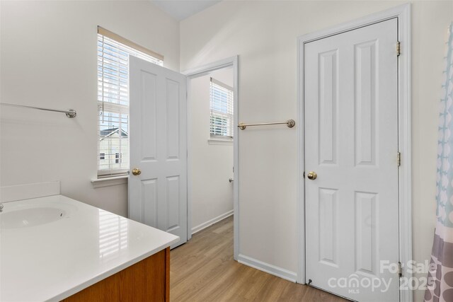 bathroom featuring wood finished floors, vanity, and baseboards