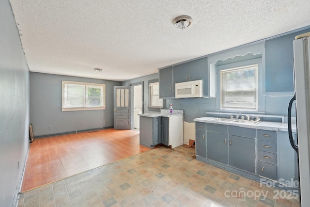 409 Rosemont Ave, Kannapolis, NC 28081 - kitchen with freestanding refrigerator, a sink, white microwave, light countertops, and gray cabinets