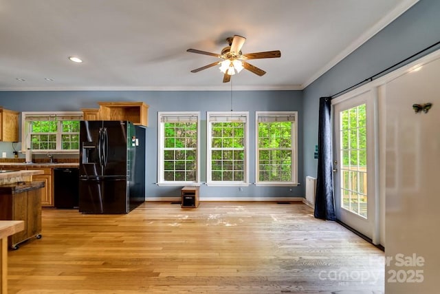 910 Hannah Mountain Rd, Otto, NC 28763 - interior space featuring light wood finished floors, a ceiling fan, crown molding, baseboards, and black appliances