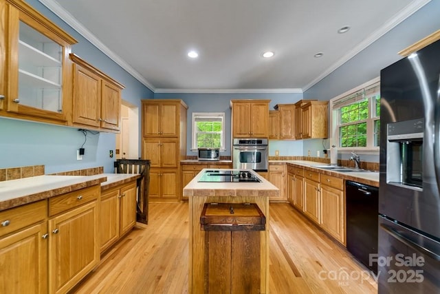 910 Hannah Mountain Rd, Otto, NC 28763 - kitchen featuring a sink, black appliances, light countertops, a center island, and light wood-style floors