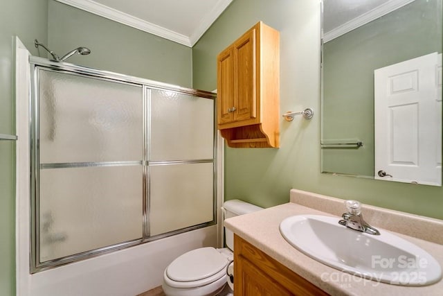 910 Hannah Mountain Rd, Otto, NC 28763 - bathroom with crown molding, toilet, enclosed tub / shower combo, and vanity