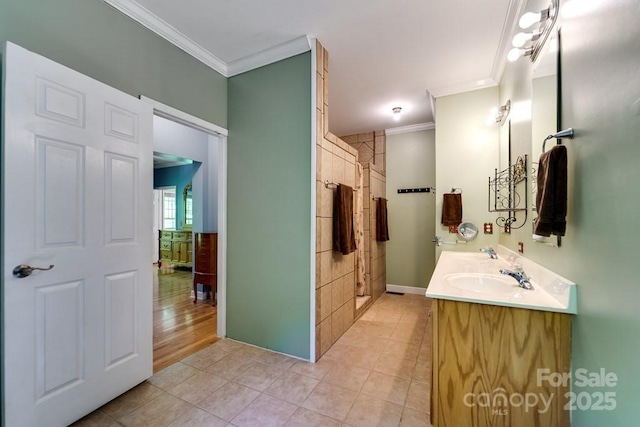 910 Hannah Mountain Rd, Otto, NC 28763 - bathroom with walk in shower, tile patterned flooring, vanity, and crown molding