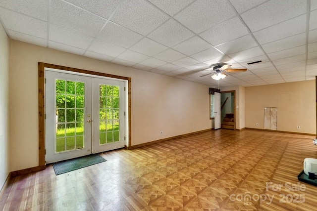 910 Hannah Mountain Rd, Otto, NC 28763 - interior space featuring french doors, visible vents, stairway, a ceiling fan, and baseboards