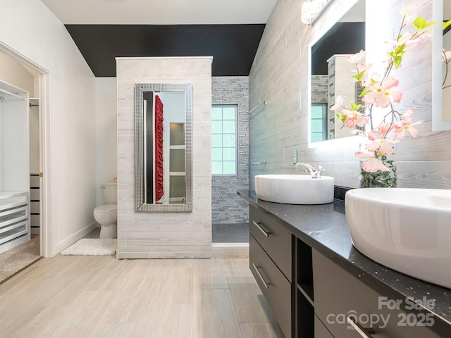 3626 Cole Mill Rd, Charlotte, NC 28270 - bathroom with walk in shower, double vanity, wood finished floors, toilet, and baseboards