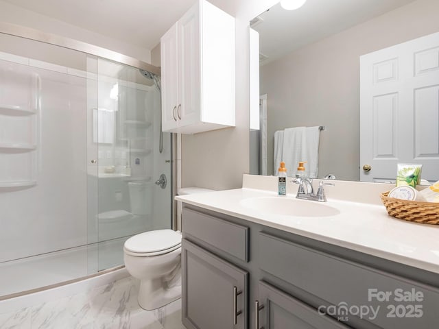 3626 Cole Mill Rd, Charlotte, NC 28270 - bathroom with marble finish flooring, a shower stall, vanity, and toilet