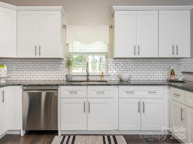 3626 Cole Mill Rd, Charlotte, NC 28270 - kitchen featuring stainless steel dishwasher, a sink, white cabinets, and tasteful backsplash