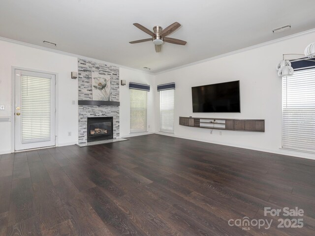 3626 Cole Mill Rd, Charlotte, NC 28270 - unfurnished living room with a ceiling fan, wood finished floors, crown molding, and a tile fireplace