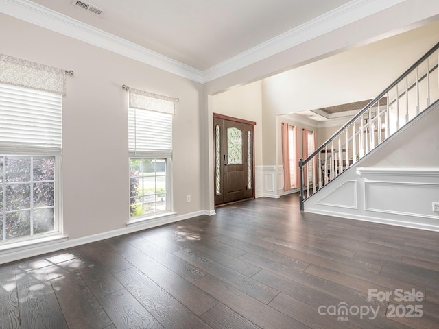3626 Cole Mill Rd, Charlotte, NC 28270 - entrance foyer with ornamental molding, wood-type flooring, stairs, and wainscoting