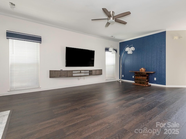 3626 Cole Mill Rd, Charlotte, NC 28270 - unfurnished living room with wood finished floors, a ceiling fan, ornamental molding, and baseboards
