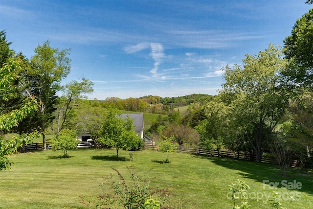 view of property's community featuring a lawn and fence