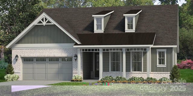 4444 Moxie Way, Charlotte, NC 28215 - view of front facade with brick siding, board and batten siding, a garage, concrete driveway, and a shingled roof