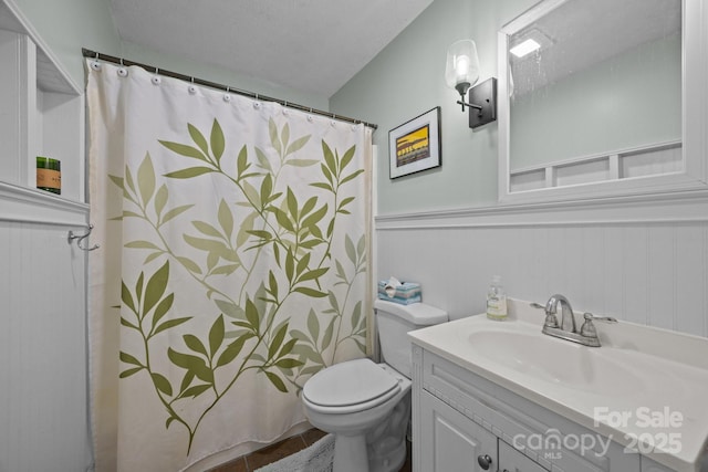 25 Alpine Way, Clyde, NC 28721 - full bathroom with toilet, vanity, a wainscoted wall, and a shower with curtain