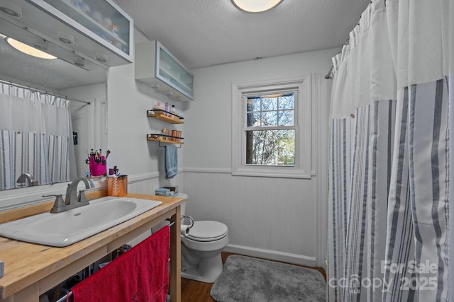 25 Alpine Way, Clyde, NC 28721 - full bath with wood finished floors, toilet, wainscoting, vanity, and curtained shower