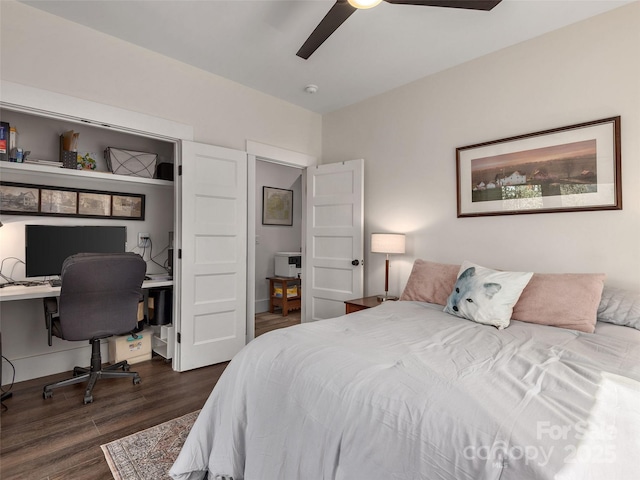 bedroom with a ceiling fan and wood finished floors