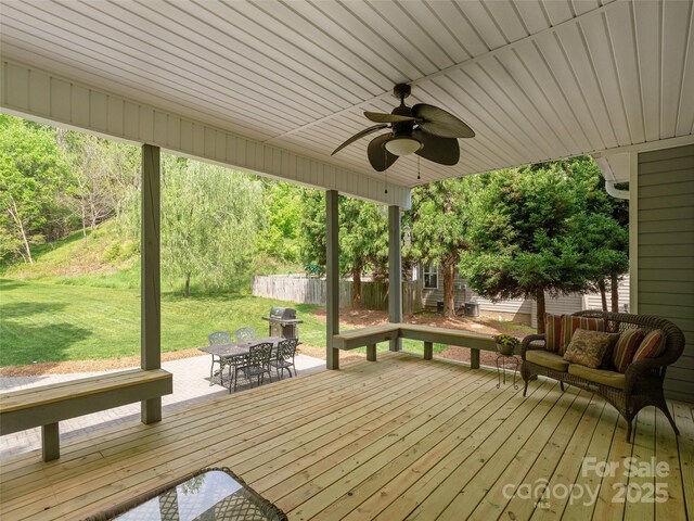 15 Dansford Ln, Arden, NC 28704 - wooden terrace with ceiling fan, a patio, area for grilling, and outdoor dining area