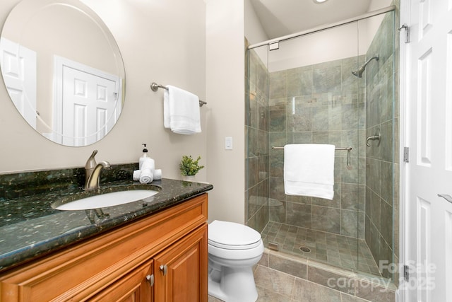 full bath with a stall shower, vanity, and toilet