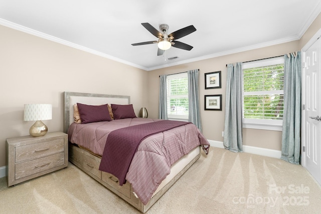 bedroom featuring light colored carpet, visible vents, crown molding, ceiling fan, and baseboards