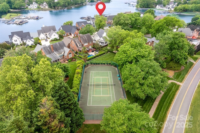 aerial view with a water view and a residential view