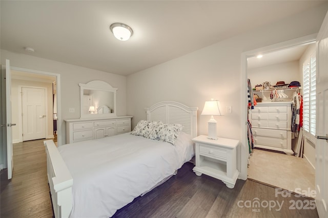 bedroom featuring a walk in closet, dark wood-style floors, and a closet