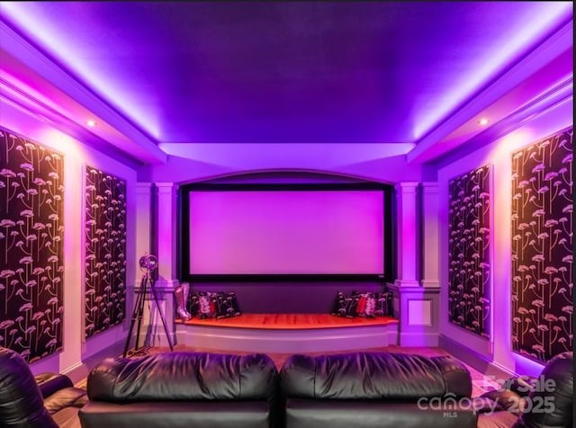 home theater with decorative columns