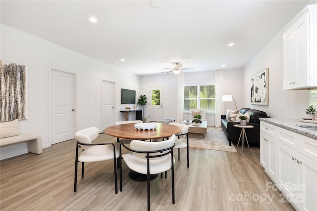 401 Groves St, Lowell, NC 28098 - dining area featuring light wood finished floors, a ceiling fan, and recessed lighting