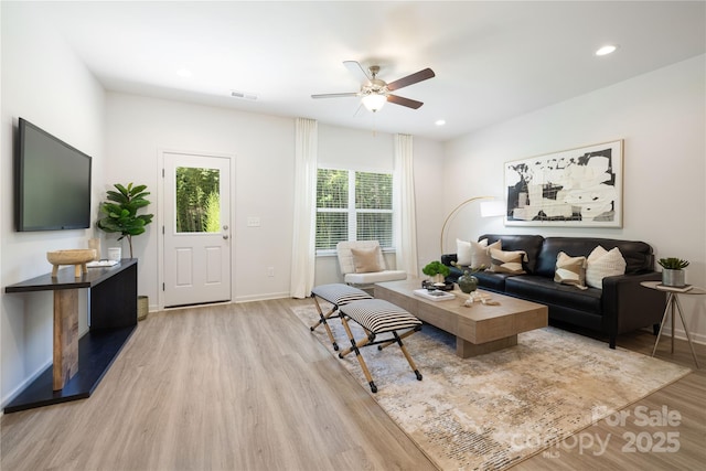 401 Groves St, Lowell, NC 28098 - living room featuring light wood-type flooring, a ceiling fan, baseboards, and recessed lighting