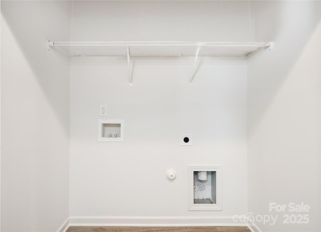401 Groves St, Lowell, NC 28098 - washroom with electric dryer hookup, gas dryer hookup, washer hookup, baseboards, and wood finished floors