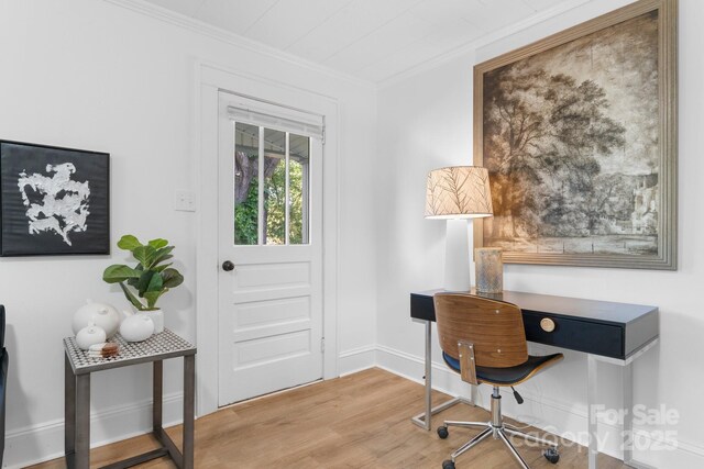116 Barnes Ln, Stony Point, NC 28678 - office area with crown molding, wood finished floors, and baseboards