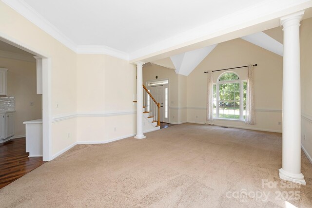 1465 Porters Ct, Concord, NC 28025 - carpeted spare room with stairway, ornate columns, baseboards, and crown molding