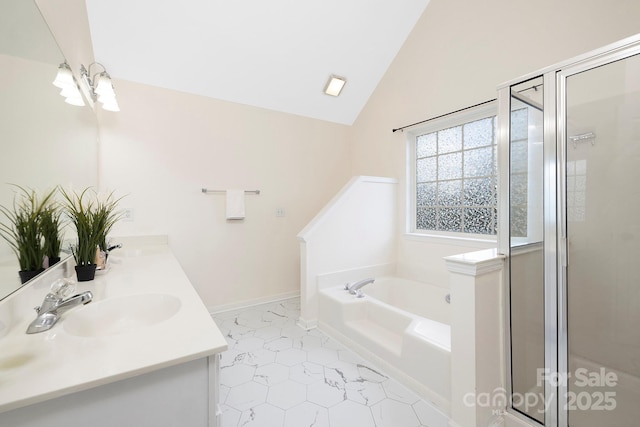 1465 Porters Ct, Concord, NC 28025 - bathroom featuring double vanity, a garden tub, a shower stall, lofted ceiling, and tile patterned floors