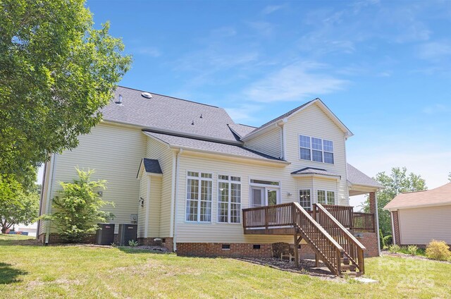 1465 Porters Ct, Concord, NC 28025 - rear view of house with crawl space, a deck, a yard, stairs, and roof with shingles