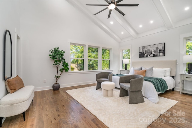 2224 Highland St, Charlotte, NC 28208 - bedroom featuring beam ceiling, high vaulted ceiling, recessed lighting, baseboards, and wood finished floors