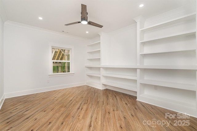 2224 Highland St, Charlotte, NC 28208 - unfurnished living room with ceiling fan, light wood-type flooring, crown molding, baseboards, and recessed lighting