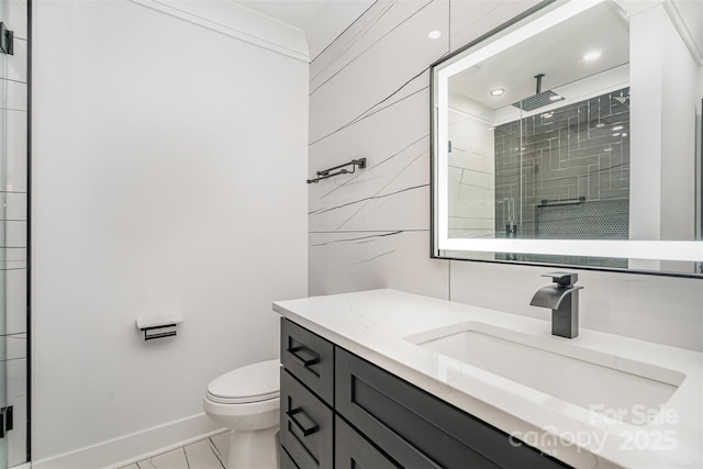 2224 Highland St, Charlotte, NC 28208 - full bath with a shower stall, vanity, baseboards, toilet, and marble finish flooring