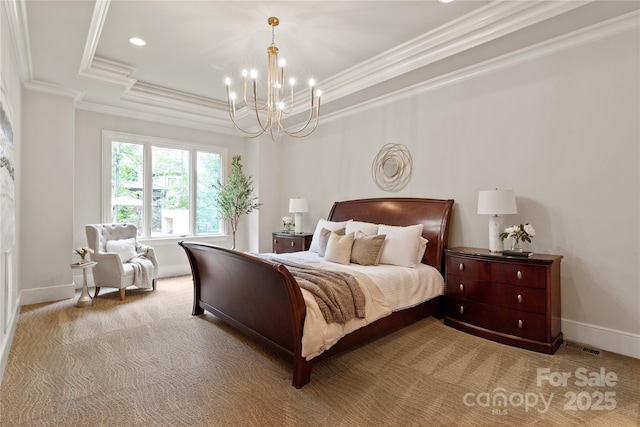 bedroom with a chandelier, crown molding, light colored carpet, baseboards, and a raised ceiling