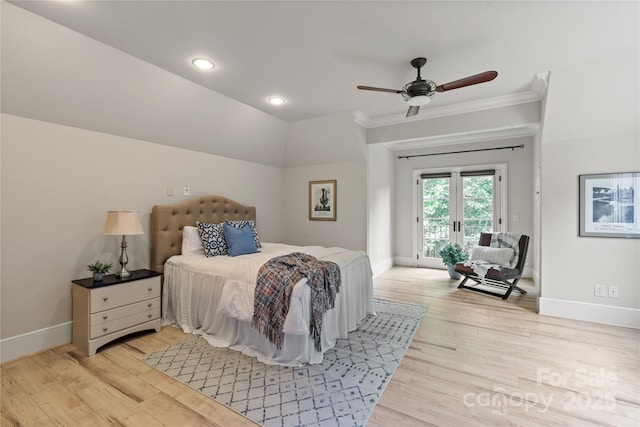 bedroom with access to outside, baseboards, crown molding, light wood-style flooring, and recessed lighting