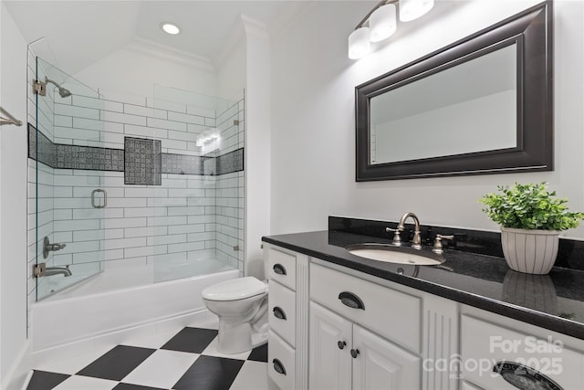 bathroom with ornamental molding, toilet, tub / shower combination, vanity, and recessed lighting