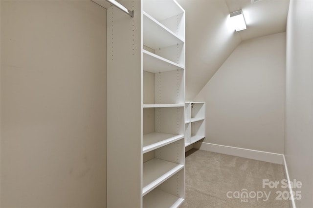 spacious closet with carpet floors and lofted ceiling