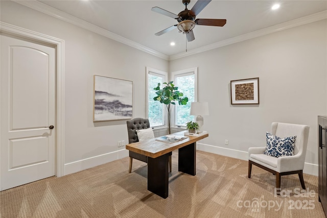 home office featuring light carpet, baseboards, a ceiling fan, recessed lighting, and ornamental molding