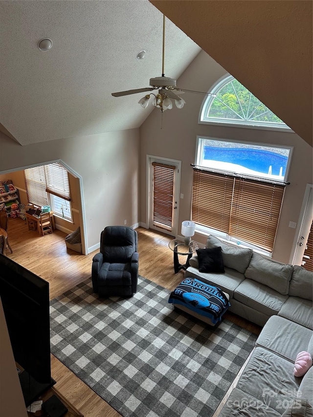 living room featuring wood finished floors, lofted ceiling, a ceiling fan, a textured ceiling, and baseboards