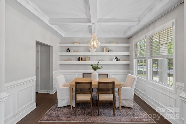 10906 Charmont Pl, Huntersville, NC 28078 - dining area featuring a chandelier, dark wood-style floors, ornamental molding, wainscoting, and a decorative wall
