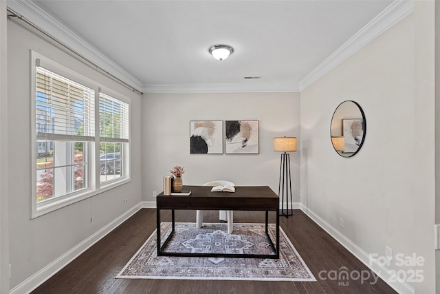 10906 Charmont Pl, Huntersville, NC 28078 - office featuring crown molding, dark wood-style floors, and baseboards