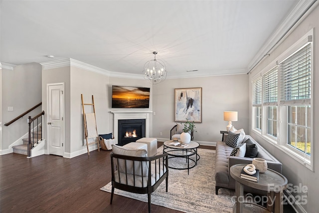 10906 Charmont Pl, Huntersville, NC 28078 - living area featuring dark wood-style flooring, stairway, a warm lit fireplace, baseboards, and a chandelier
