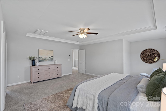 10906 Charmont Pl, Huntersville, NC 28078 - carpeted bedroom featuring a raised ceiling, crown molding, a ceiling fan, and baseboards