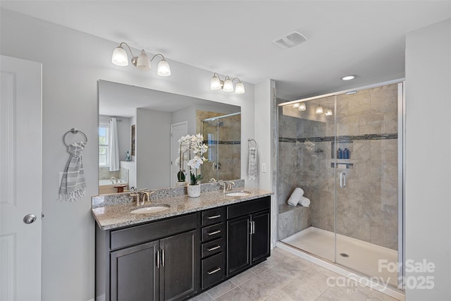 10906 Charmont Pl, Huntersville, NC 28078 - full bath with a stall shower, double vanity, and tile patterned flooring